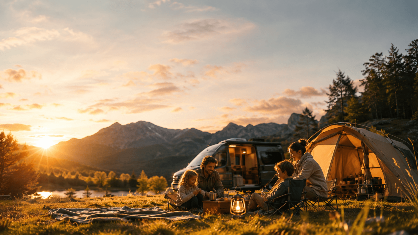 Famille installée autour de son campement et de son van au coucher du soleil, montagnes en arrière plan